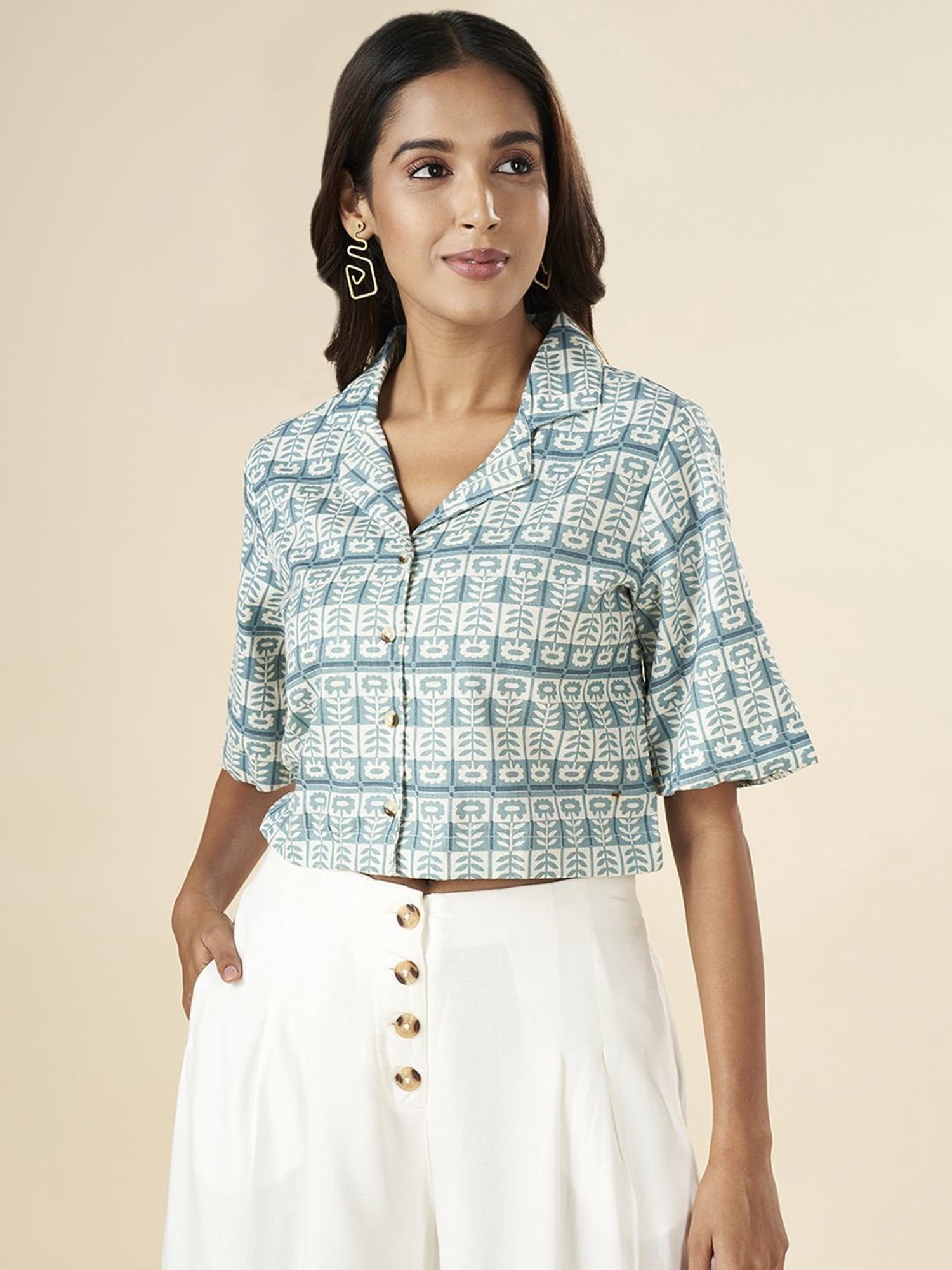 Akkriti by Pantaloons Teal Blue Cotton Printed Crop Top