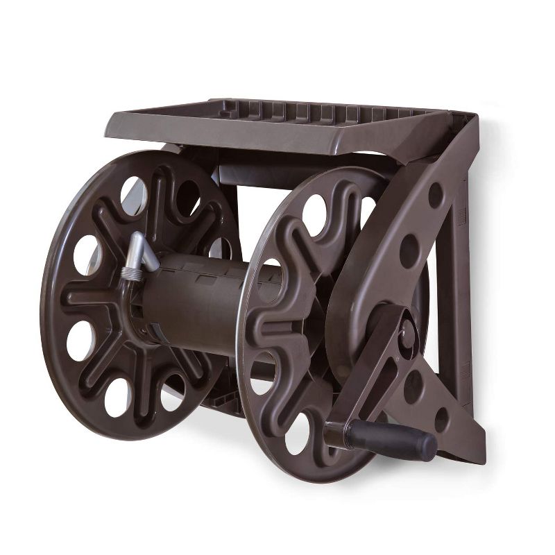 Liberty Garden 225 Foot Liberty Basics Wall Mounted Hose Reel with Shelf, Brown