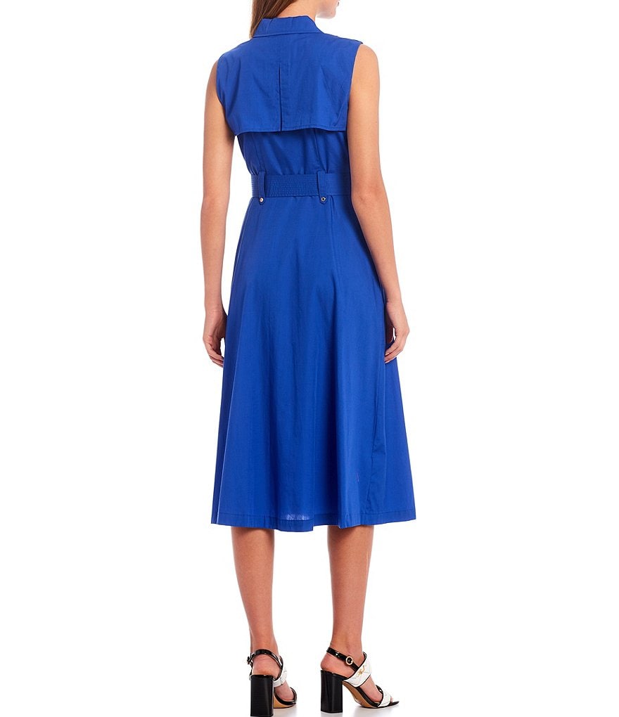 KARL LAGERFELD PARIS Cotton Shirt Dress Point Collar Sleeveless with Self Belt Midi Dress