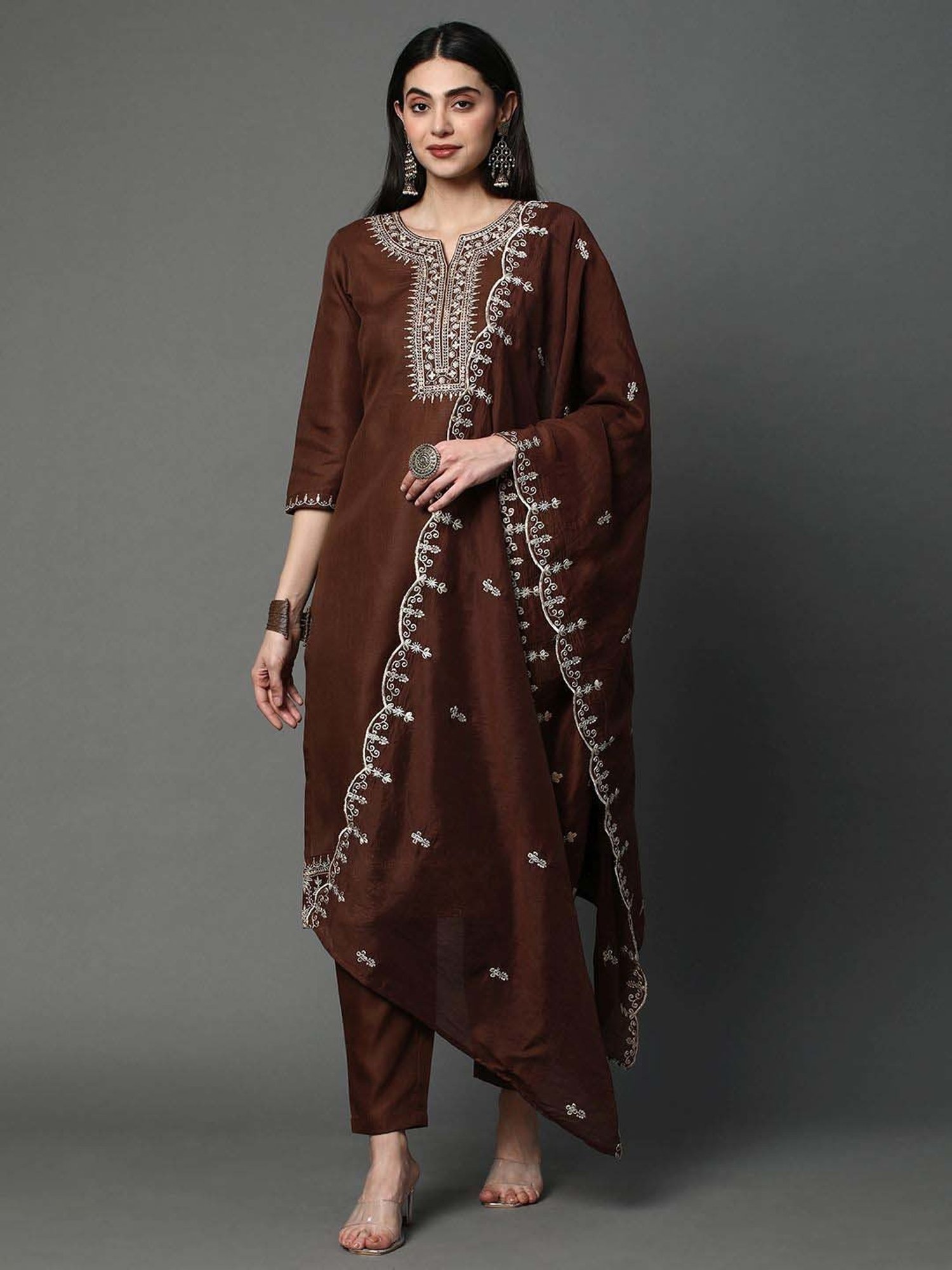 Heeposh Brown Embroidered Kurta Pant Set With Dupatta
