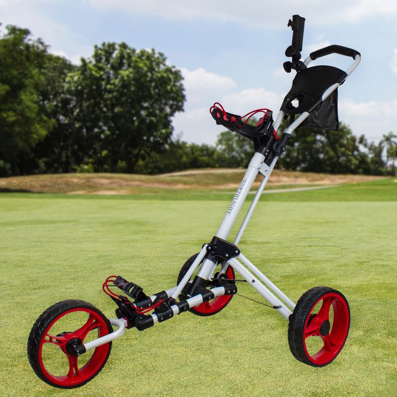 Northlight 48" White and Red Easy Folding 3 Wheel Golf Bag Push Cart