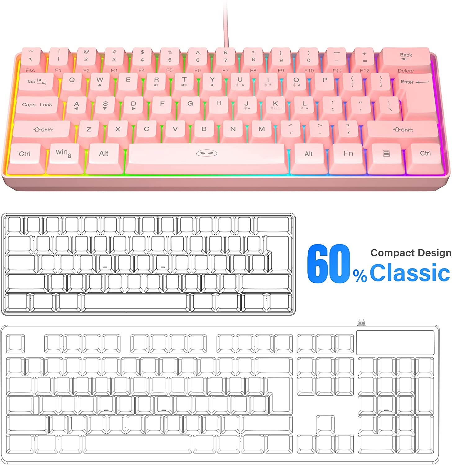 MageGee TS91 Mini 60% Gaming/Office Keyboard,Waterproof Keycap Type Wired RGB Backlit Compact Computer Keyboard for Windows/Mac/Laptop (Pink)