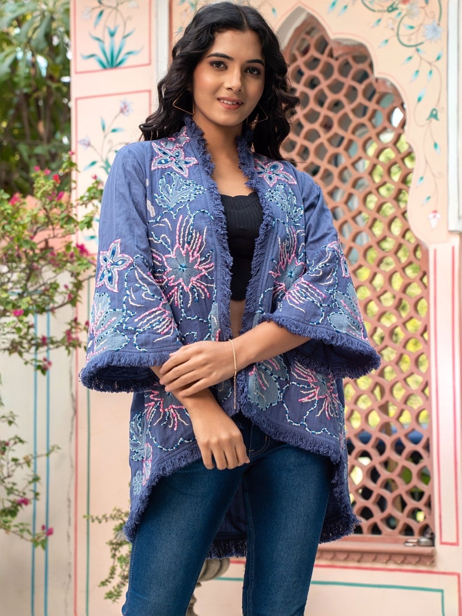 Zolo Label Blue Cotton Embroidered Jacket
