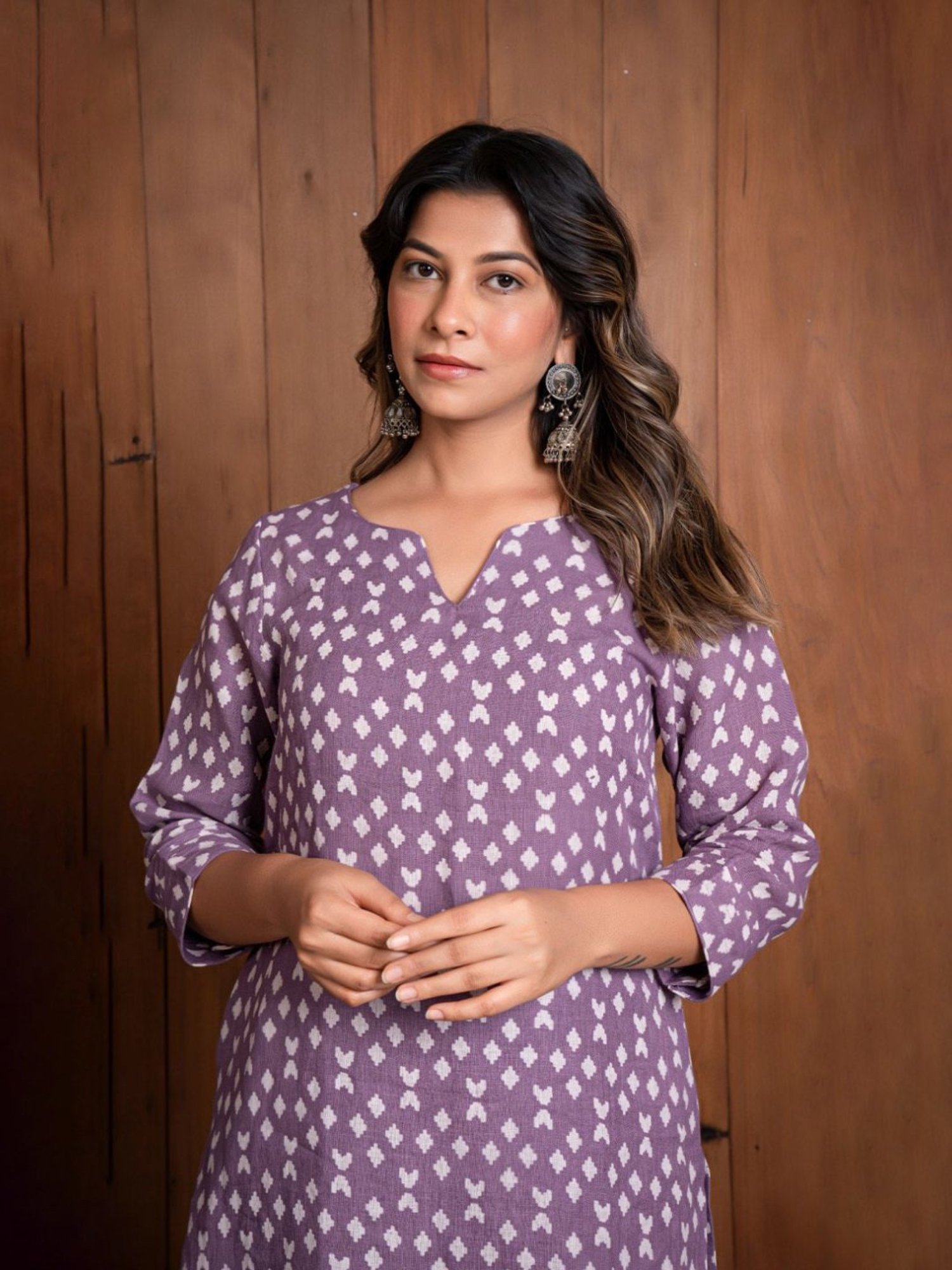 Eeshva India Lavender Geometric Print Pure Linen Kurta