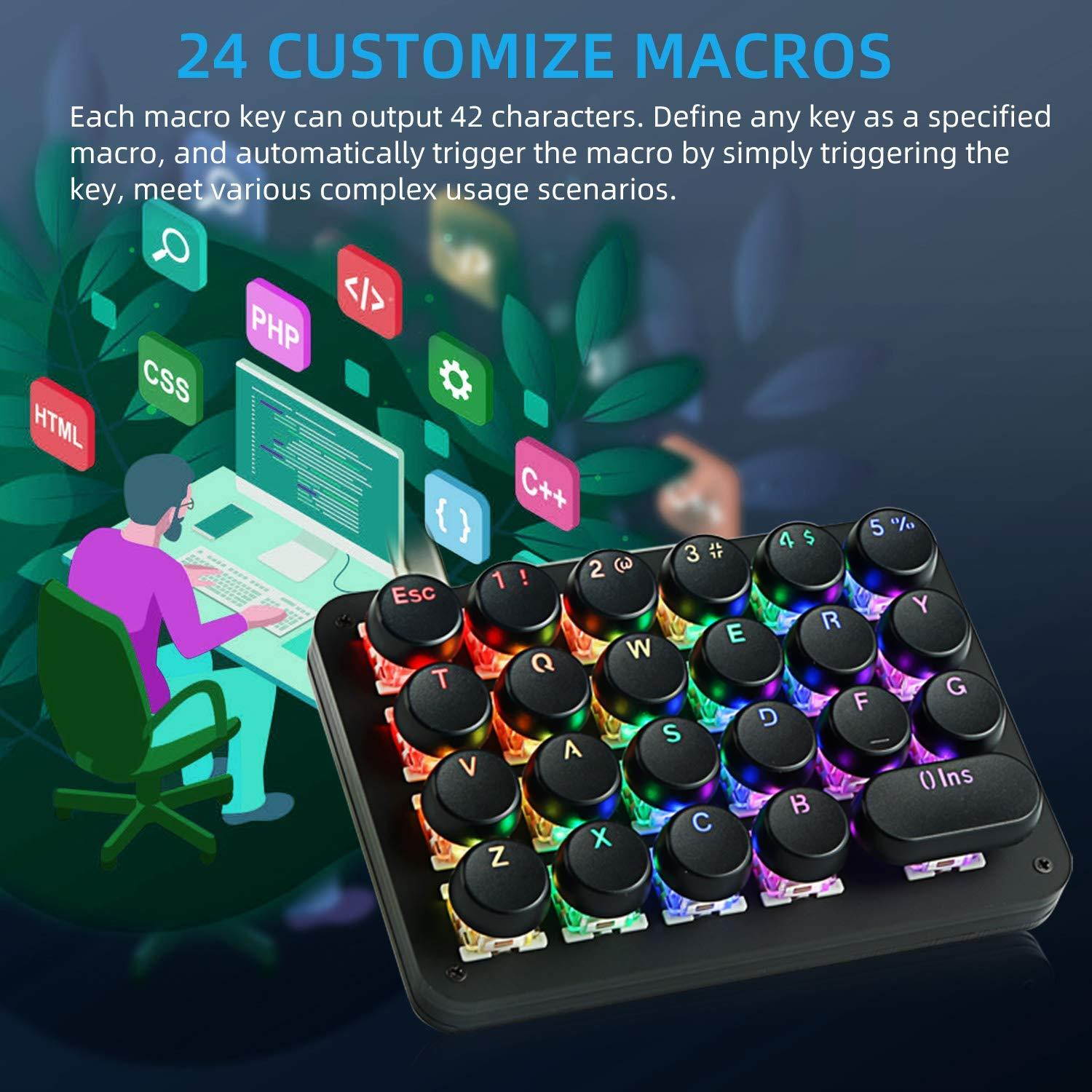 Koolertron One Handed Macro Mechanical Keyboard,RGB LED Backlit Portable Mini One-Handed Mechanical Gaming Keypad 23 Fully Programmable Keys Red Switches with Retro Classic Typewriter Round Keycaps