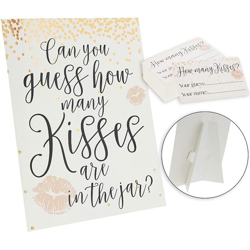 Sparkle and Bash Bridal Shower Party Game with 1 Sign and 60 Cards, Guess How Many Kisses