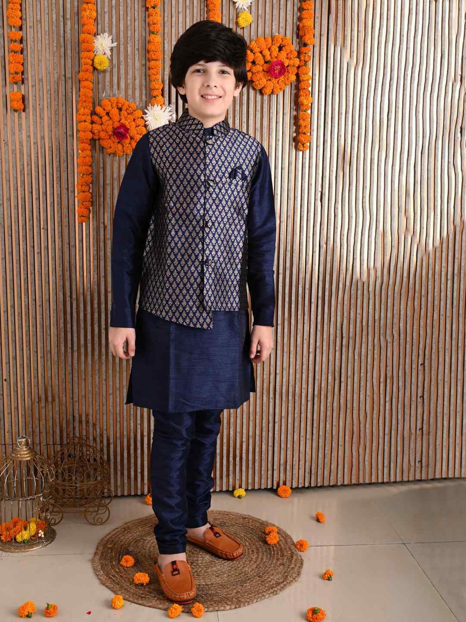 LilPicks Kids Blue & Golden Printed Full Sleeves Kurta Set