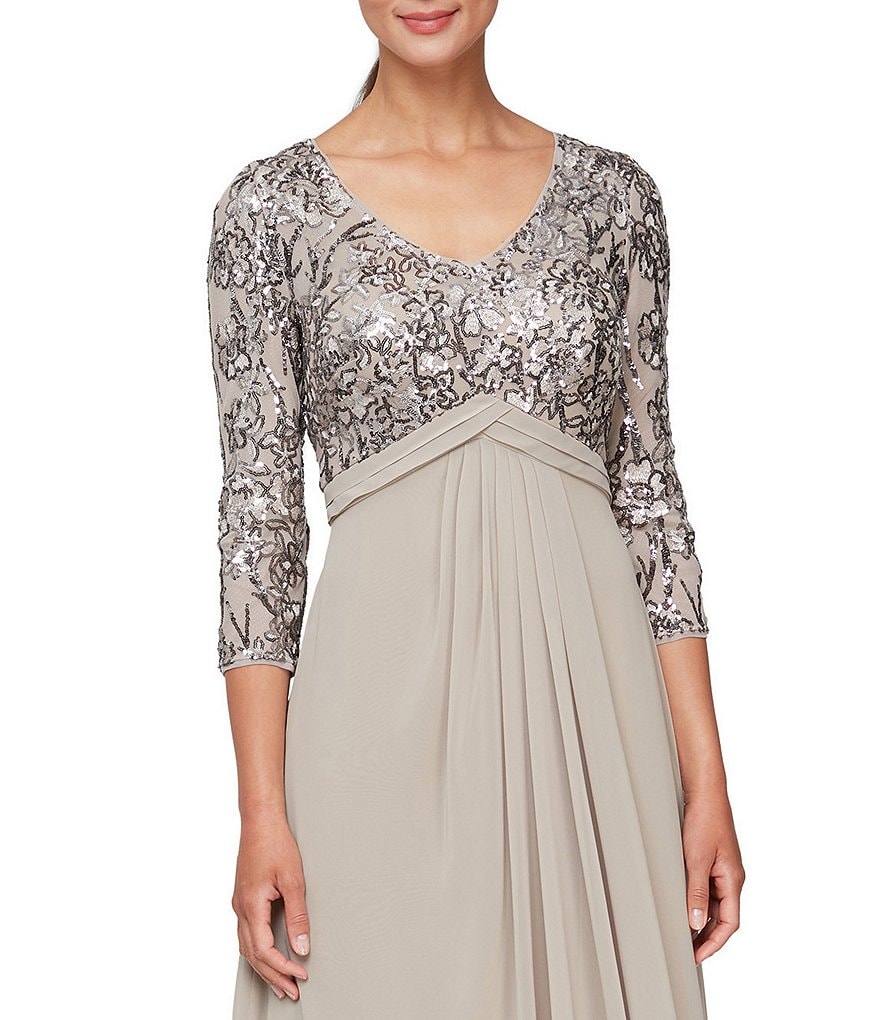 Alex Evenings Stretch Sequin Mesh Empire Waist Drape Front V-Neck 3/4 Sleeve Gown