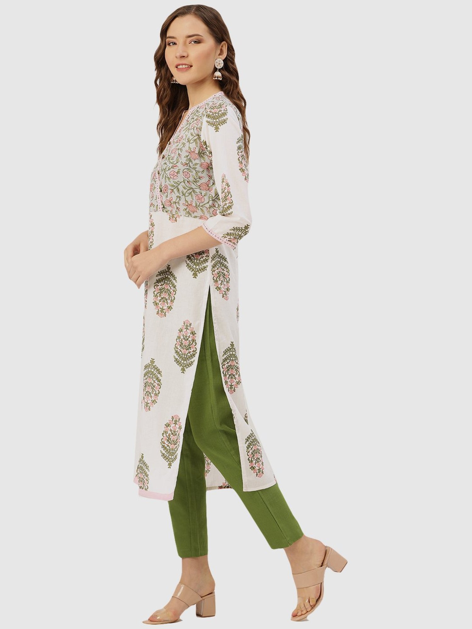 Jaipur Kurti Off-White & Green Cotton Printed Kurta Pant Set