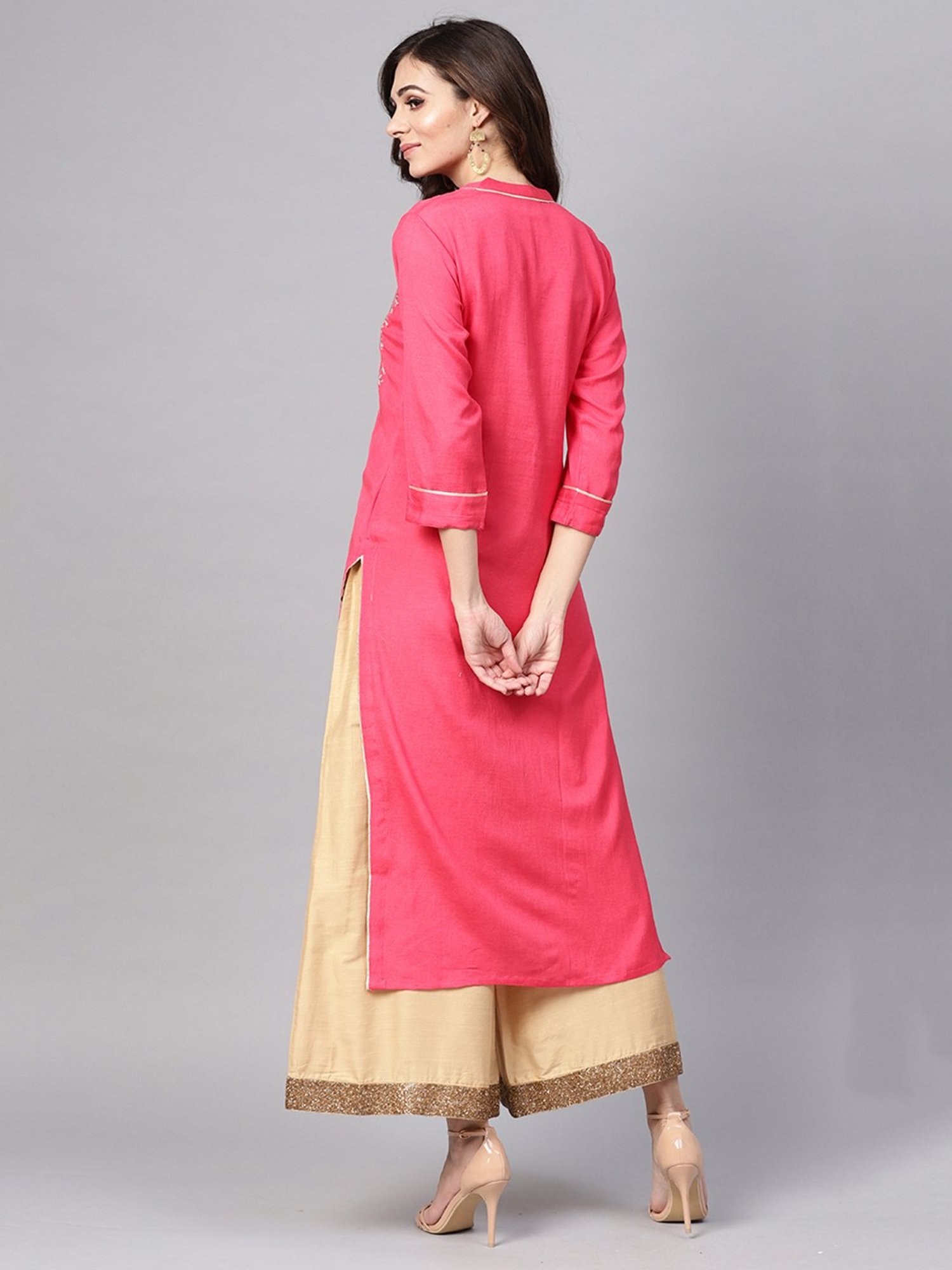 Geroo Jaipur Pink Hand Embroidered Straight Rayon Kurta