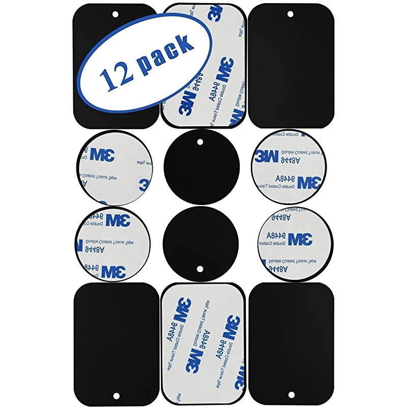 Metal Plates with 3M Adhesive for All Magnetic Car Mounts Cell Phone Tablet Holder CradleLess Air Vent Mount 6 Rectangular 6 Round Black