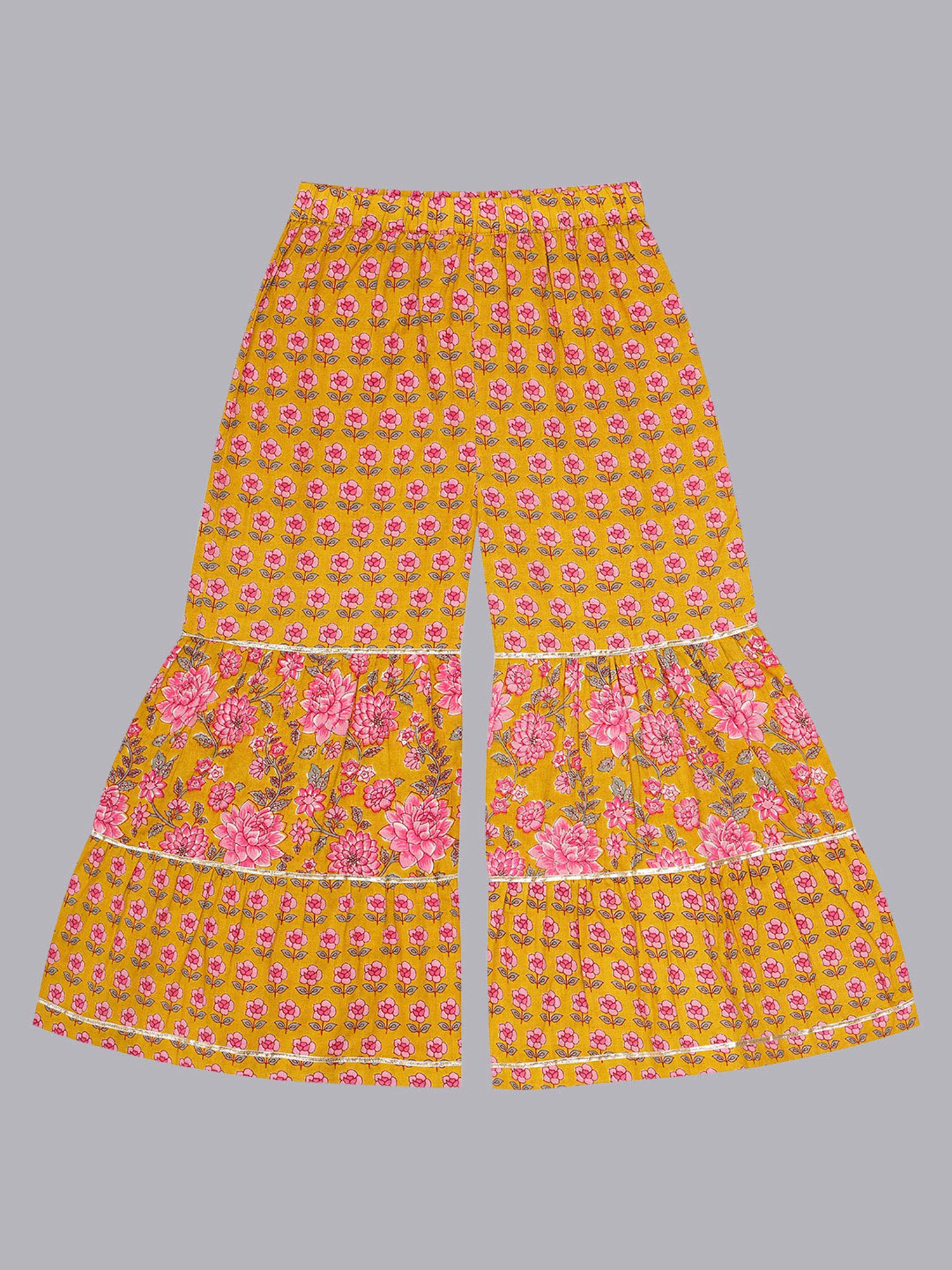 Budding Bees Girls Mustard & Pink Floral Print Top, Sharara & Scrunchies