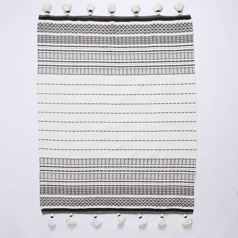 50"x60" Woven Striped Throw Blanket with Pom-Poms Black - Patina Vie