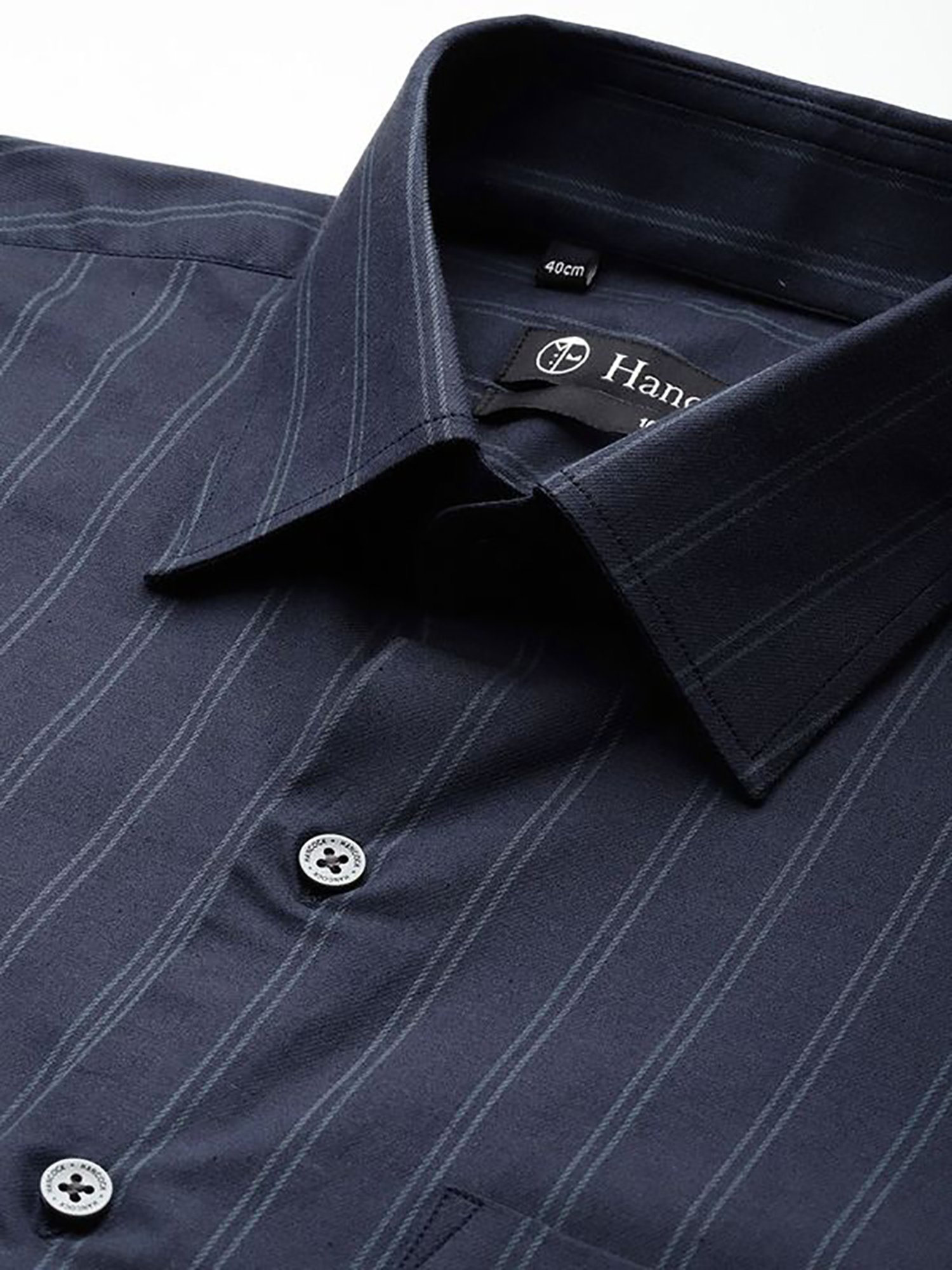 Hancock Navy Cotton Slim Fit Stripes Shirts