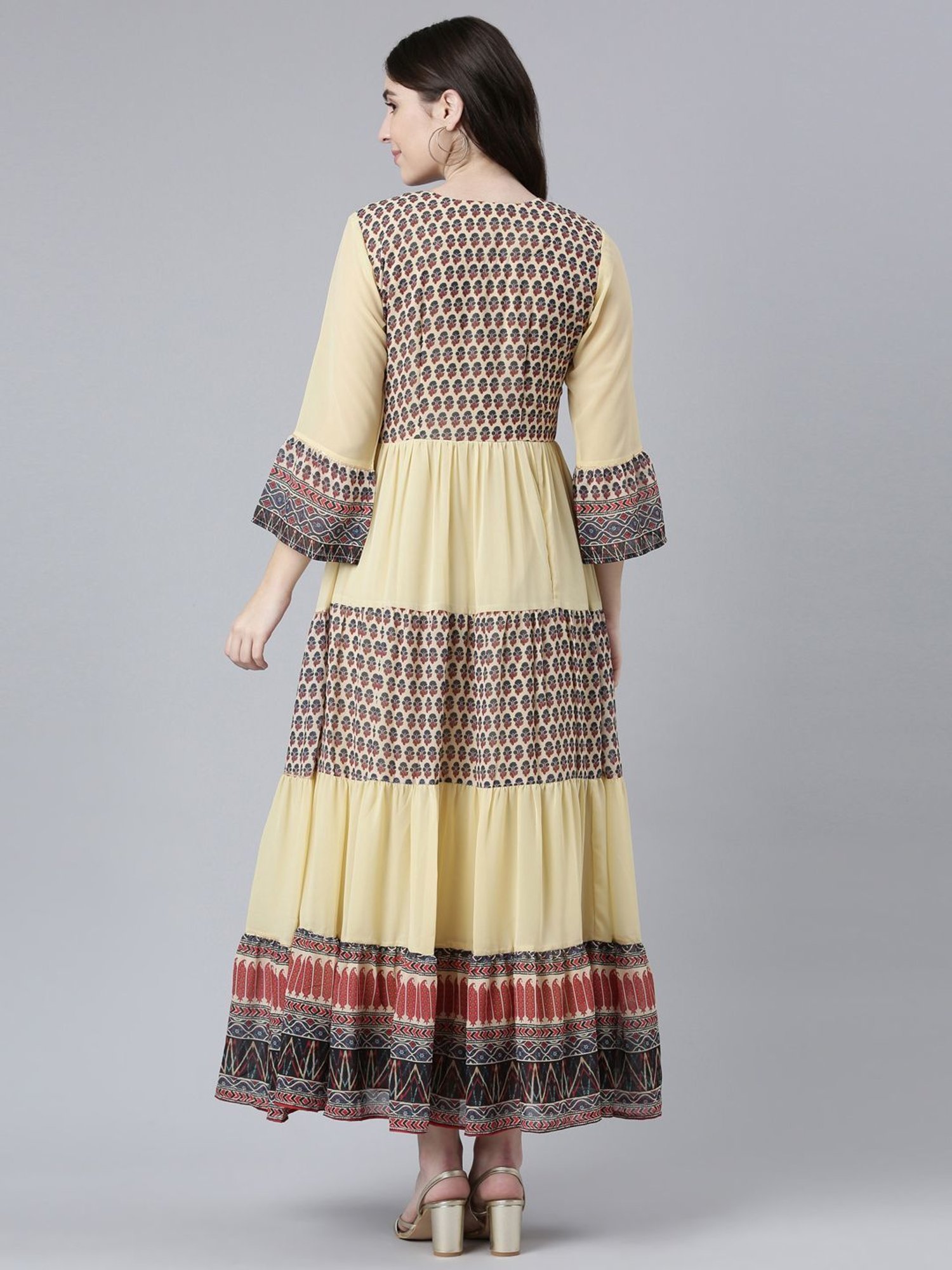 Neerus Beige Printed Princess Panel Dress