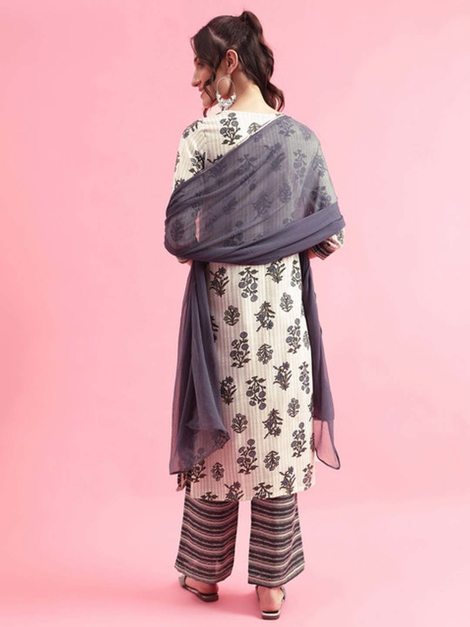 Skylee Off White & Grey Printed Kurta Palazzo Set With Dupatta