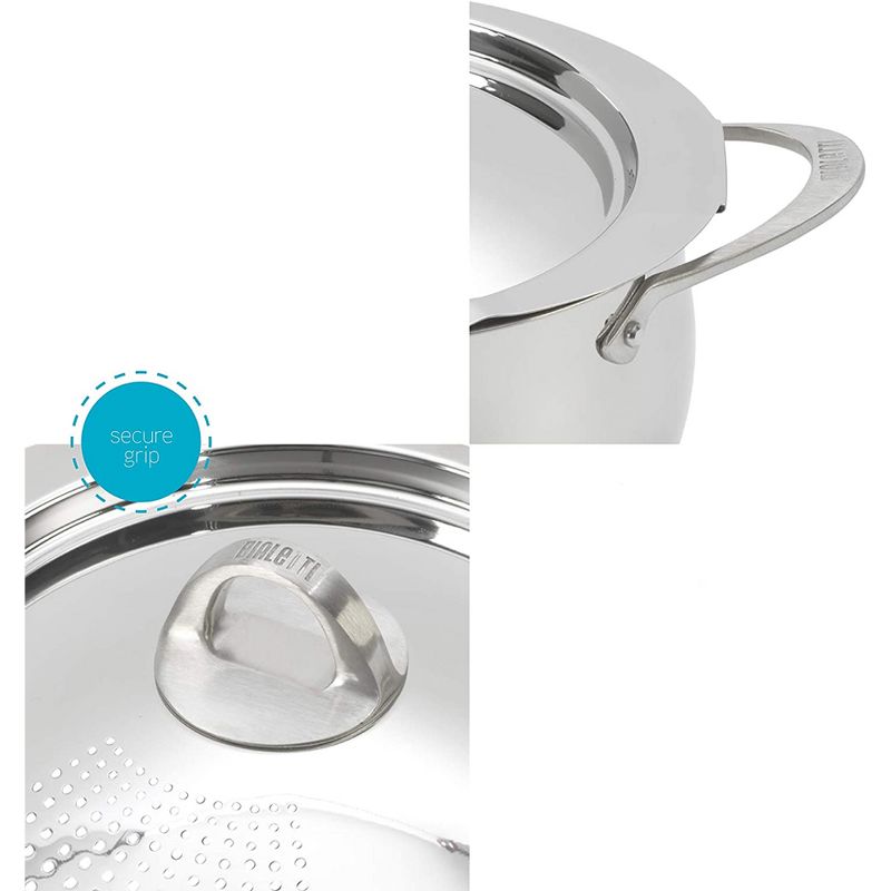 Bialetti 7593 2 In 1 Stainless Steel 6 Quart Oval Shaped Kitchen Pasta Pot with Lockable Strainer Lid and Secure Grip Handles, Silver