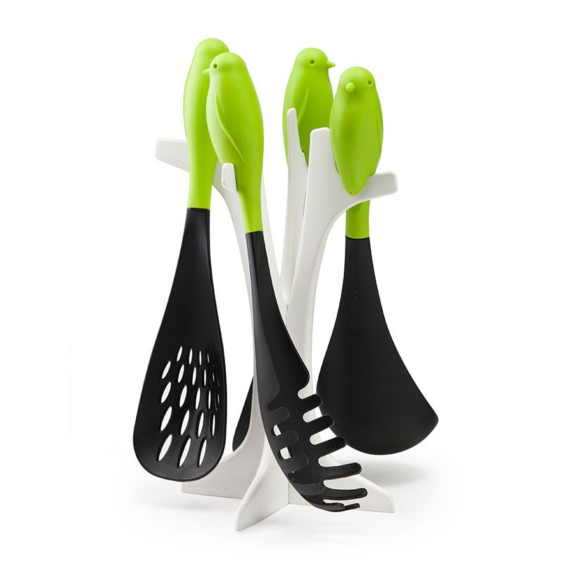 Design Ideas Sparrow Cooking Utensil Server Set - Kichen Utensils - Green & Black, 5.3" x 6.3" x 12"