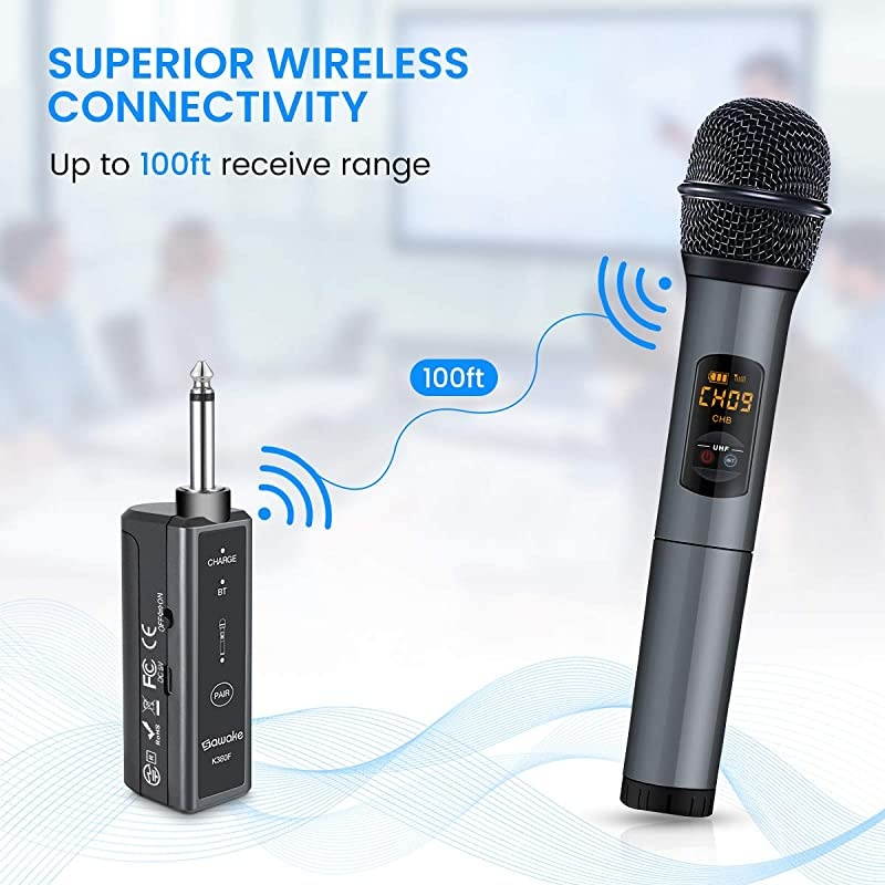 Microphone, 10 Channel UHF Bluetooth Microphone System, Dynamic Handheld Cordless Mic with Rechargeable Receiver(Work 10hrs) for Karaoke/Singing/Speaker/Church/Speech (100ft Range)