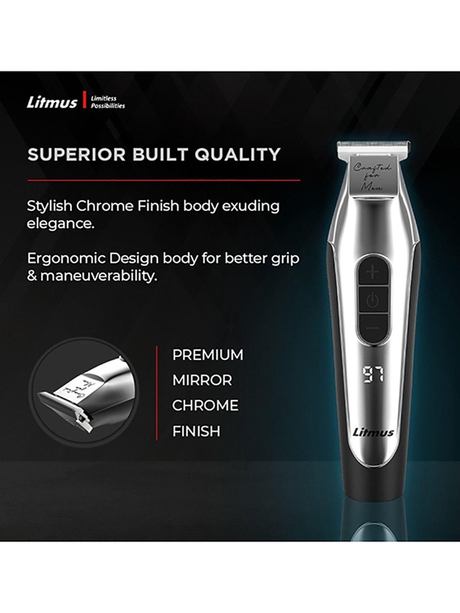 Litmus PT-202 Luxury Edition Cordless Precision Trimmer - 100 Min Runtime (Black and Steel)