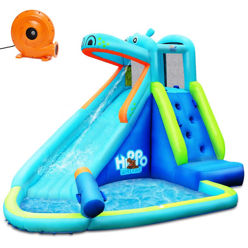 Costway Inflatable Kids Hippo Bounce House Slide Climbing Wall Splash Pool w/740W Blower