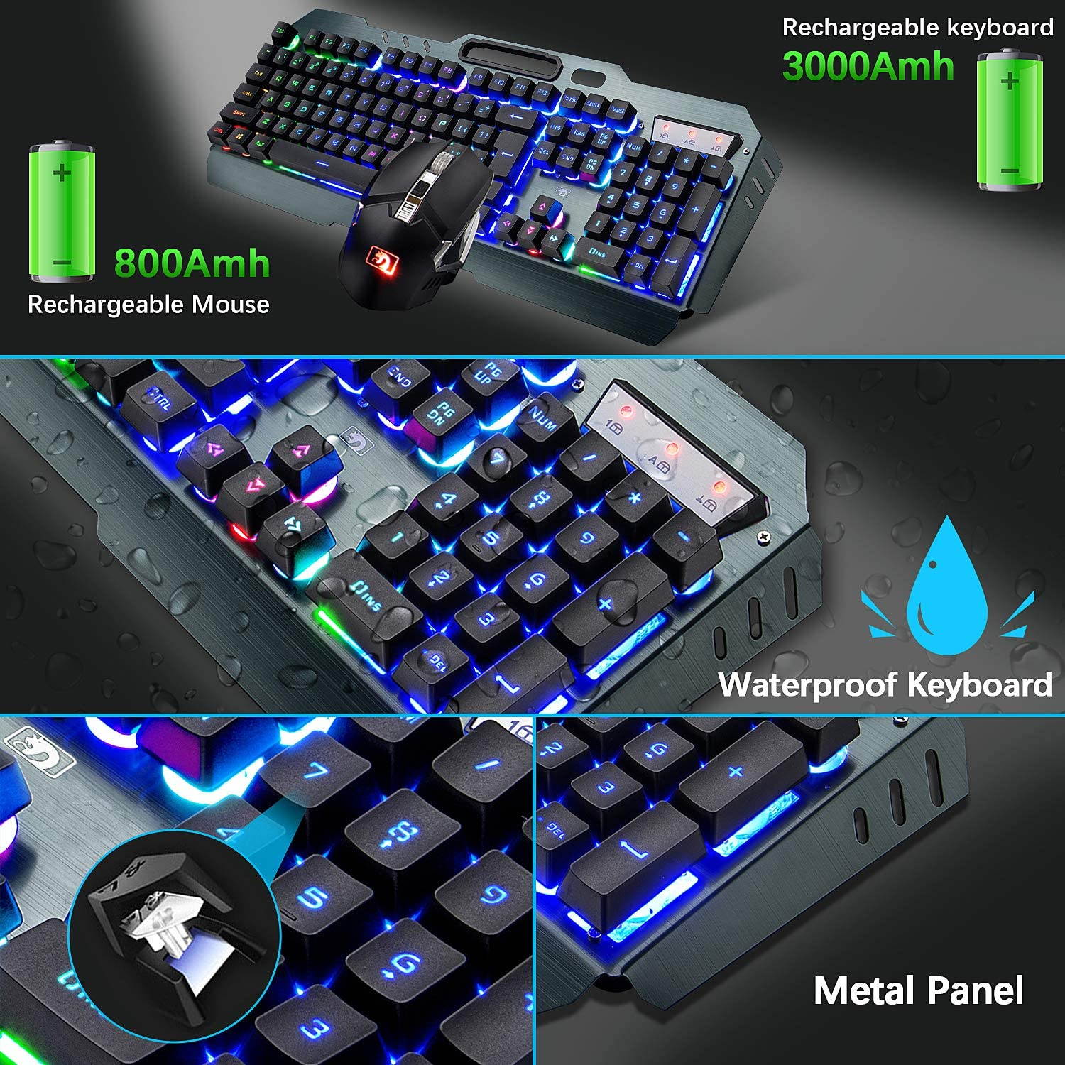 Wireless Gaming Keyboard and Mouse,Rechargeable16 Kinds RGB LED Backlit  Keyboard Mouse with 4800mAh Battery Metal Panel,Mechanical Feel and Gaming Mute Mouse for Computer Gamers