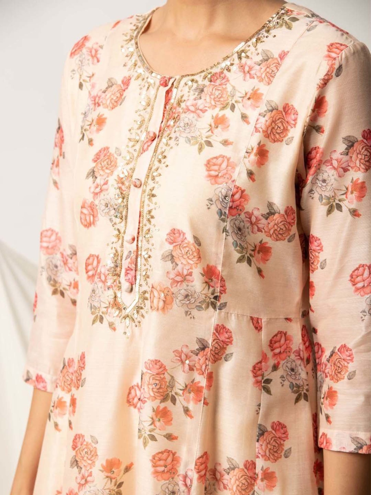 Ekohum Butter Yellow Floral Print A-Line Kurta