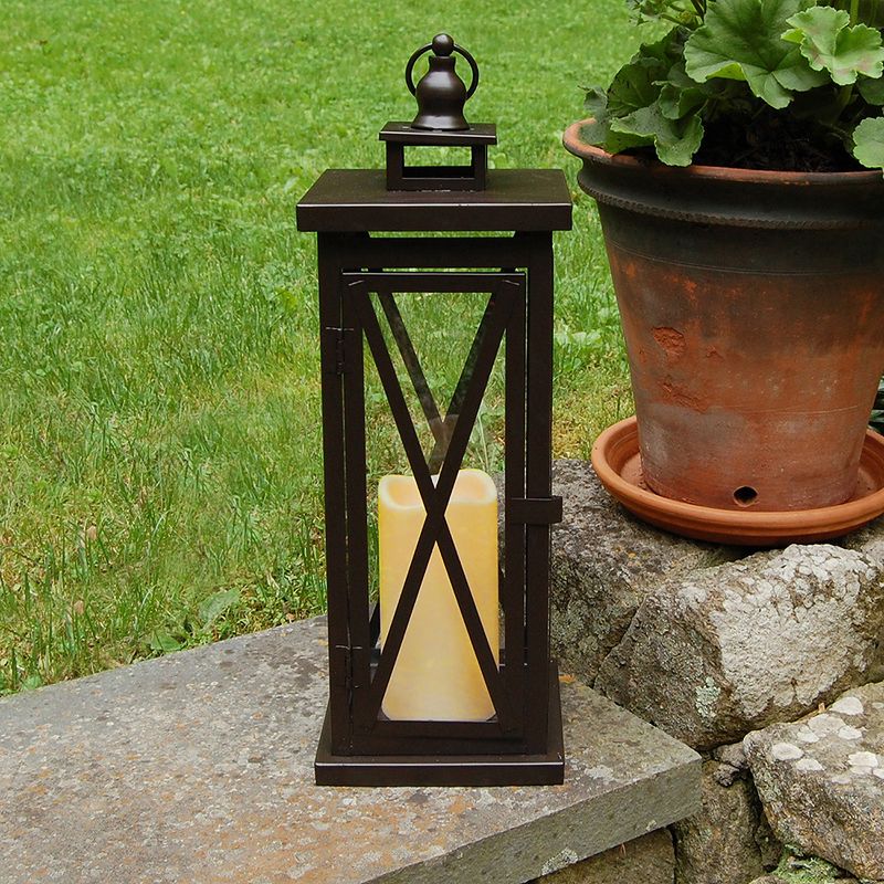 Criss Cross Metal LED Lantern With Battery Operated Candle Brown - LumaBase