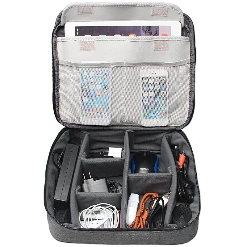 Electronic Organizer, Double Layer Travel Gadget Storage Bag for Cables, Cord, USB Flash Drive, Power Bank and More-a Sleeve Pouch for 7.9" iPad Mini(Medium,Black)