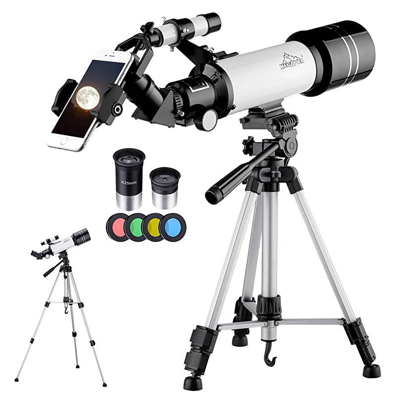 Telescope for Kids and Beginners, 70mm Refractor Telescope for Astronomy with Adjustable Tripod, Smartphone Adapter, Camera Shutter Wire Control, Backpack