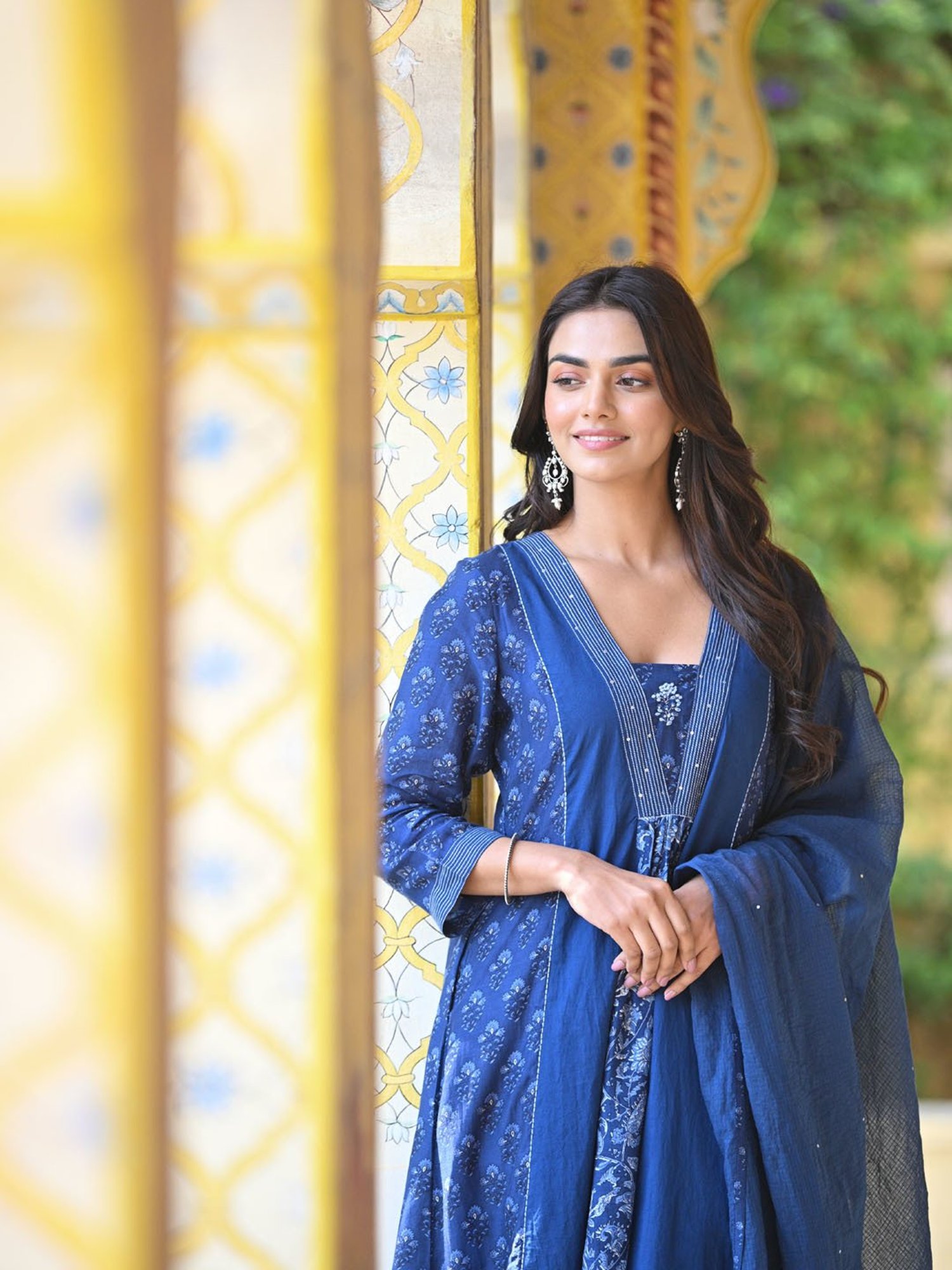 Mahee Jaipur Blue Indigo Block Panel Print Muslin Suit Set With Kota Doriya Dupatta