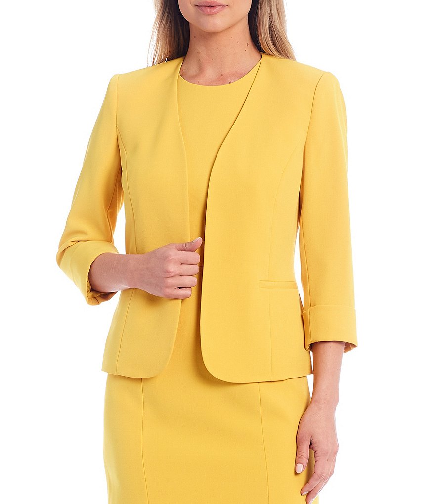 Kasper Petite Size Stretch Crepe Seamed Roll Cuffed Sleeve Open Front Jacket