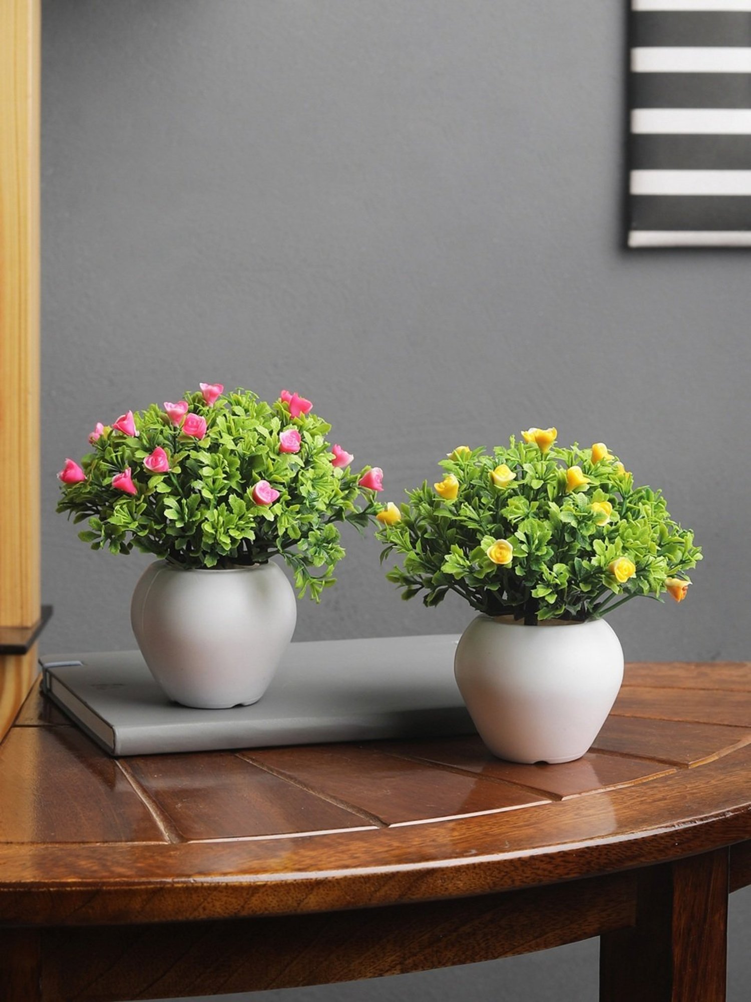 Foliyaj Multicolor Plastic Artificial Mini Bush - Set of 2