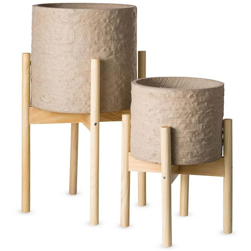 VivaTerra Cylinder Cement Planters on Wooden Stands, Set of 2 - Terracotta