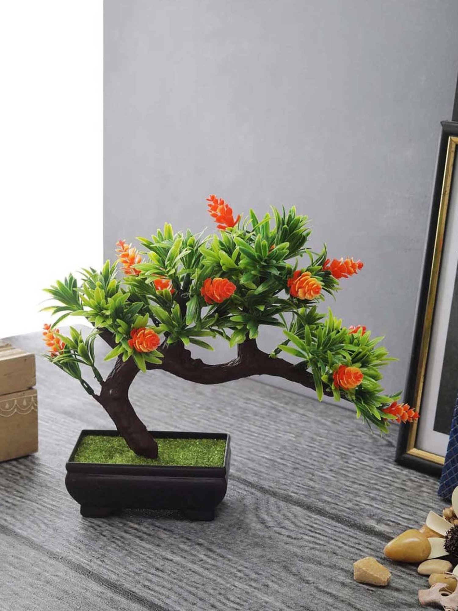 Foliyaj Orange & Green Plastic Artificial Bent Bonsai Tree With Cones
