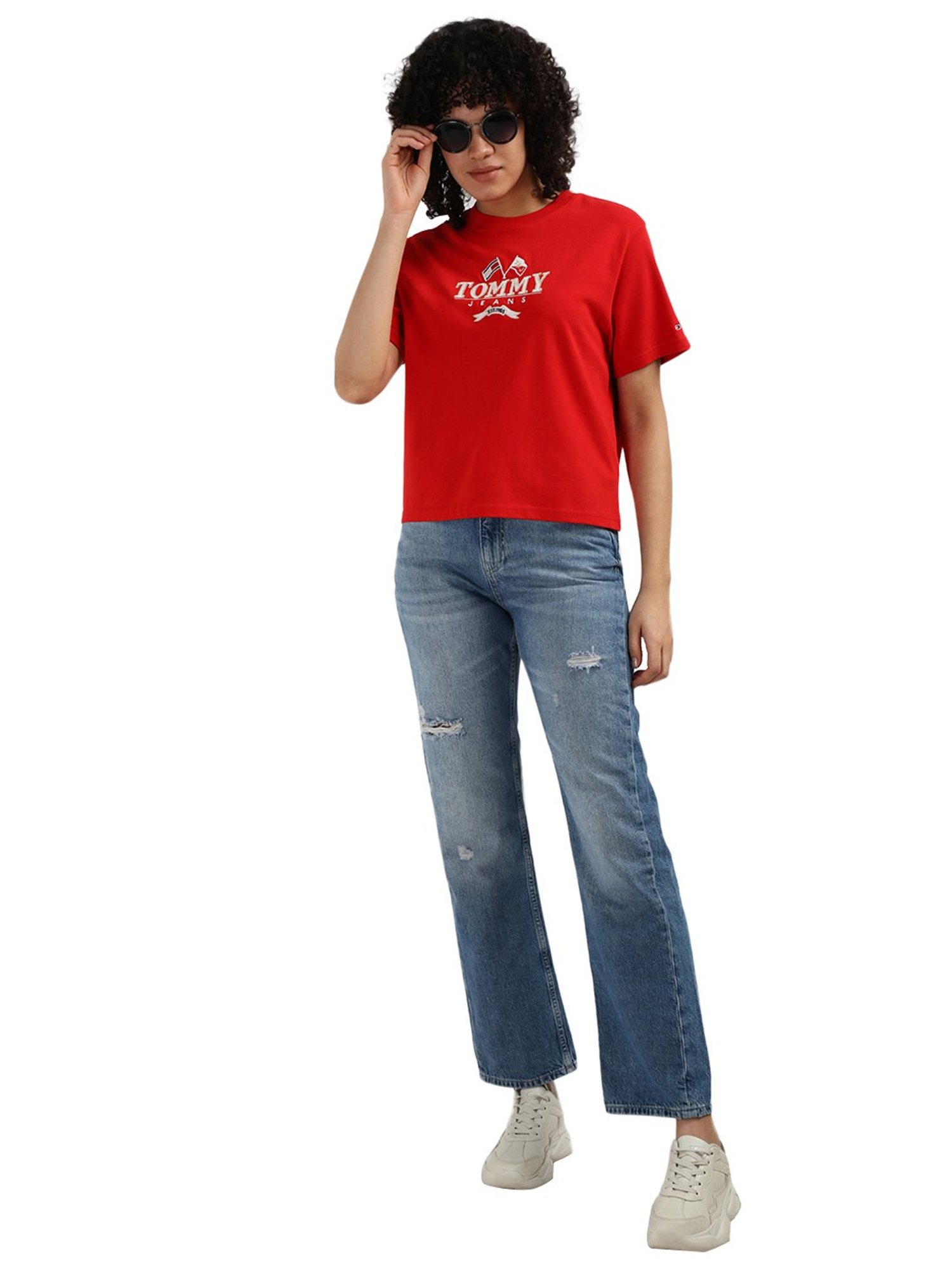 Tommy Hilfiger Red Pure Cotton Embroidered Women Regular Fit T-Shirt