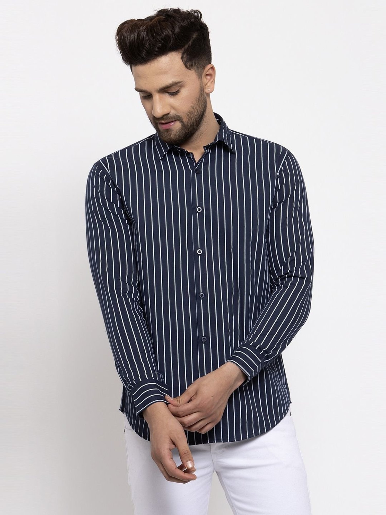 Jainish Navy Regular Fit Striped Shirt