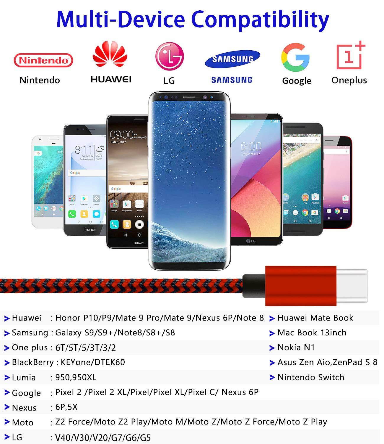 USB Type C Cable,USB C to USB A Charger(2PACK,10FT),Fast Charger Nylon Braided Type C Charging Cord for Note 9 8 Samsung Galaxy S9 S8, Moto G6 Z Z2,LG V40 V30 V20 G7 G6, Nintendo Switch(Red/Black)