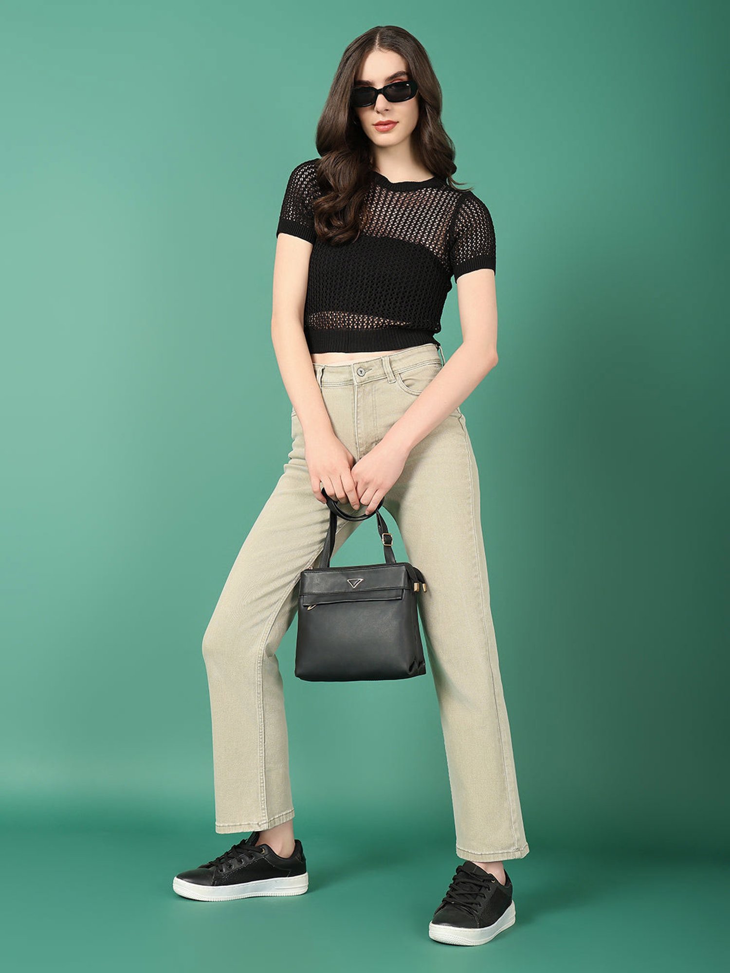 SHOWOFF Black Self Design Crop Top