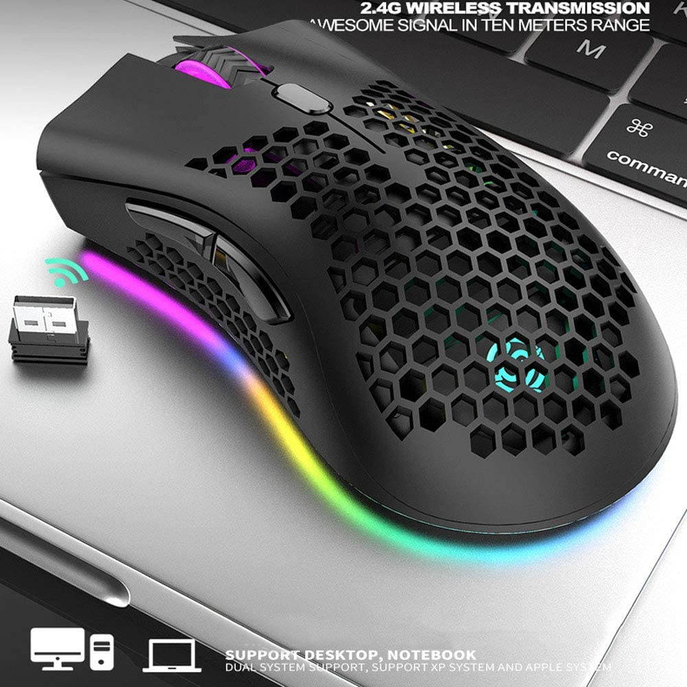 Attoe Lightweight Gaming Mouse, Honeycomb Design Rechargeable Wireless Gaming Mouse with USB Receiver RGB Backlight Computer Mouse for Laptop PC