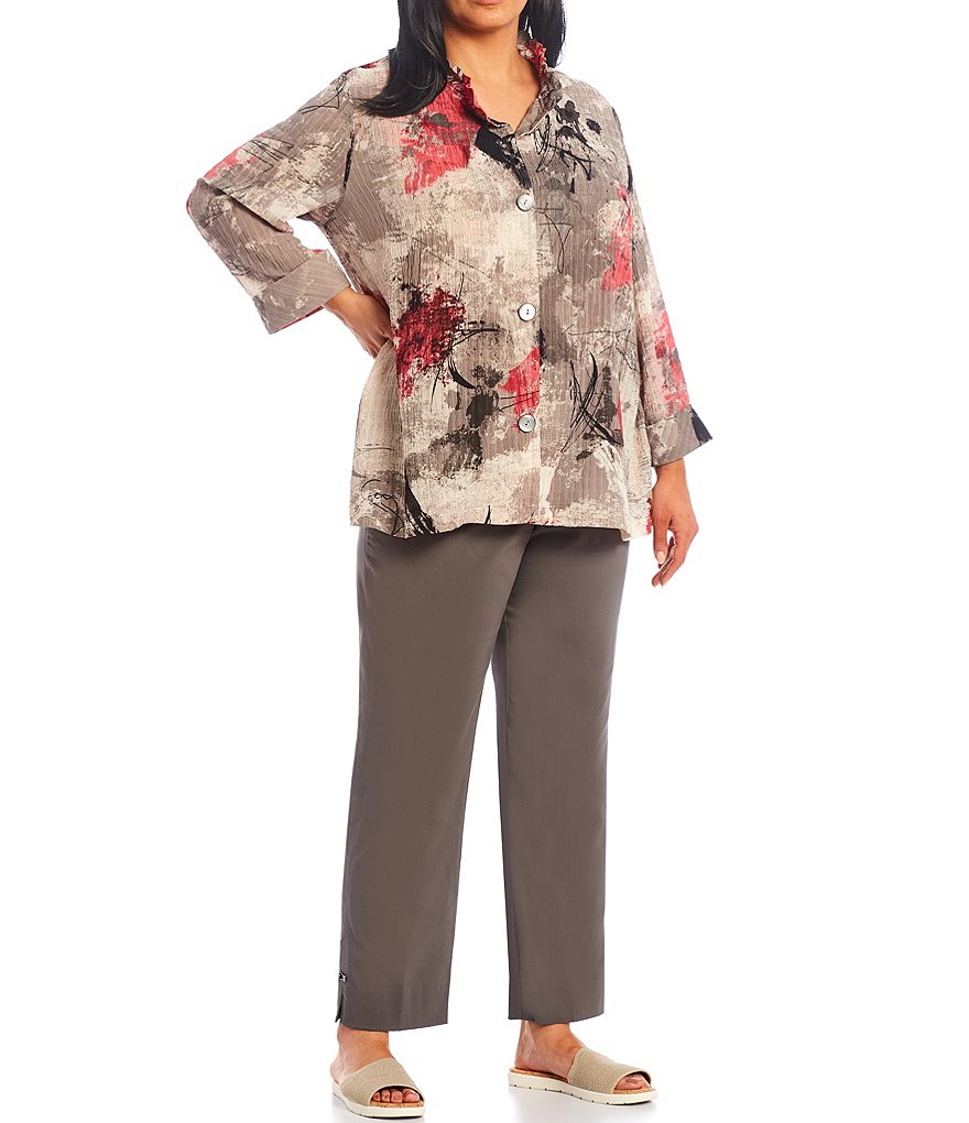 Multiples Plus Size Abstract Print Crinkle Box Woven Shirred Stand Collar Turn-Up Cuff 3/4 Sleeve Button Front Jacket