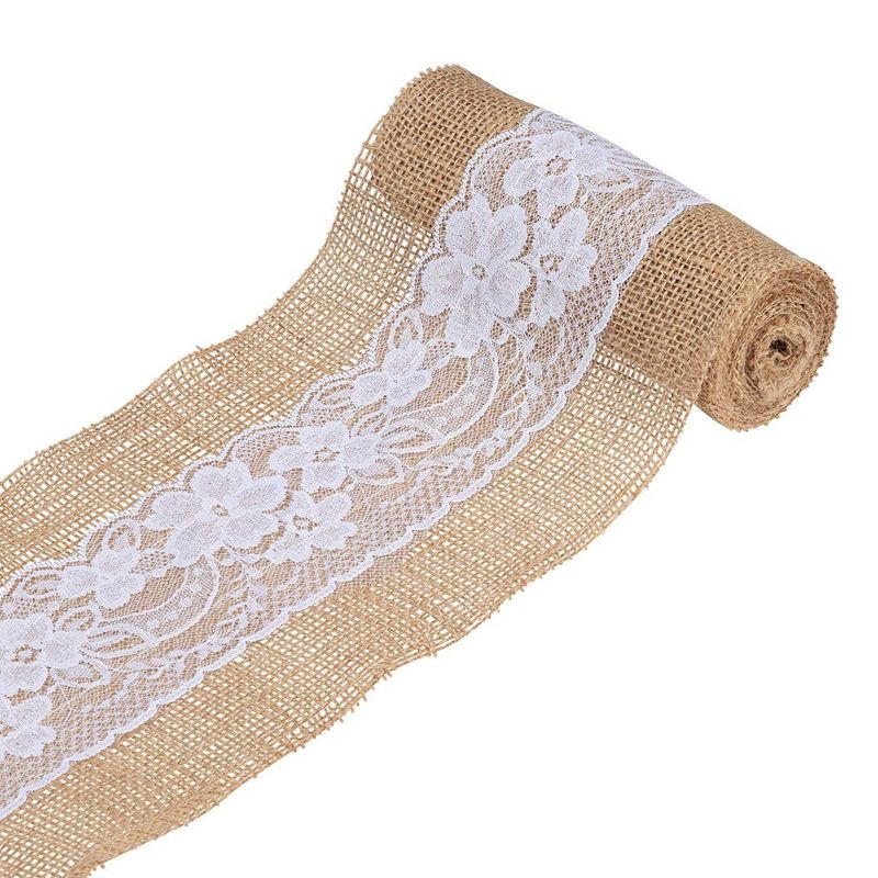 Genie Crafts 2 Pack Burlap Tablecloth Runner, Jute Fabric Roll with Lace Edges, 5.9" x 2 yd