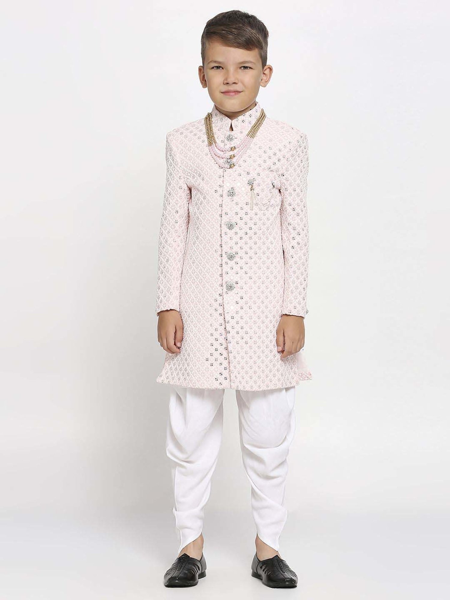 Kids Island Boys Pink & White Embroidery Full Sleeves Kurta Set