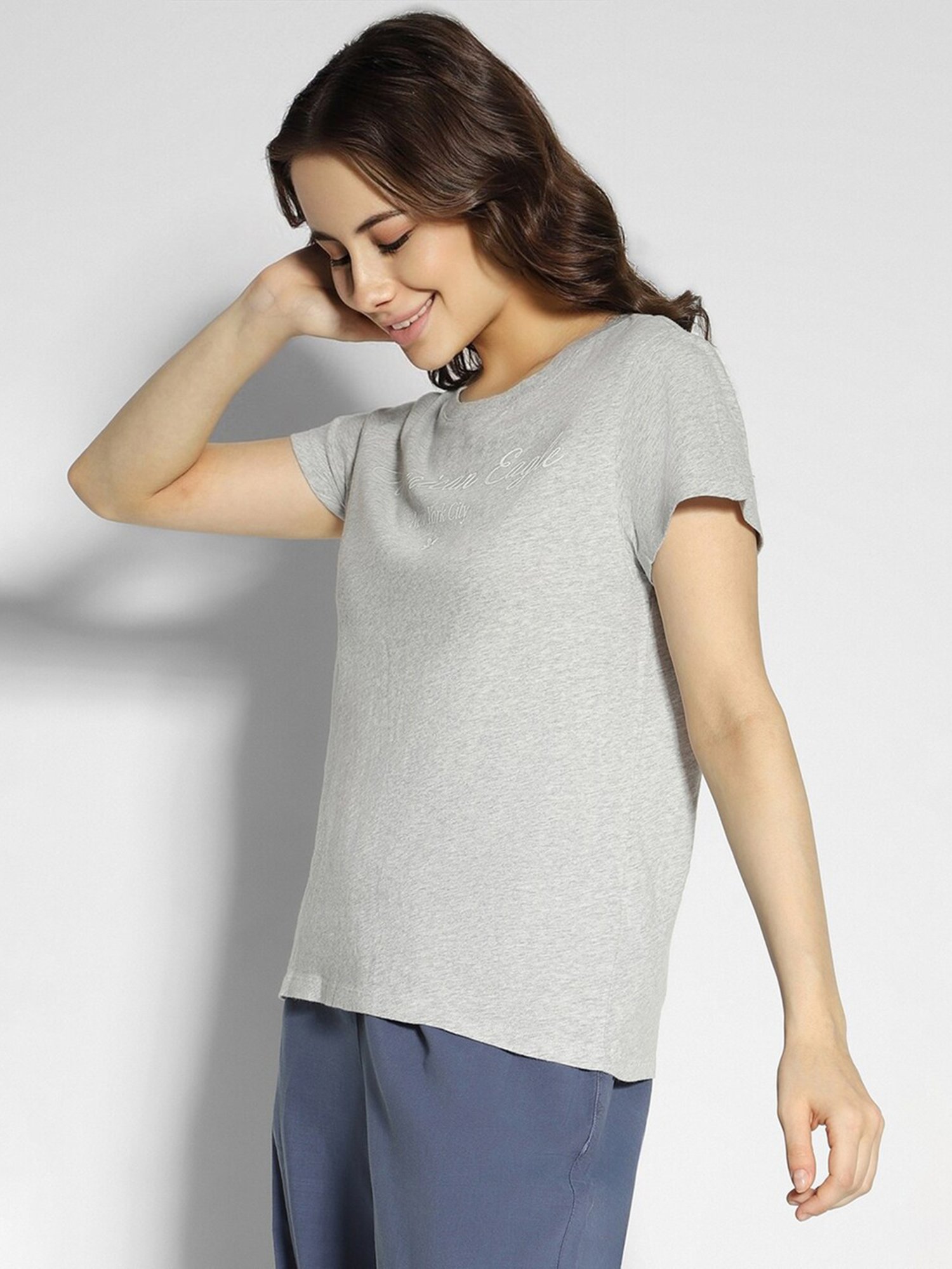 American Eagle Outfitters Grey Cotton Graphic Print T-Shirt