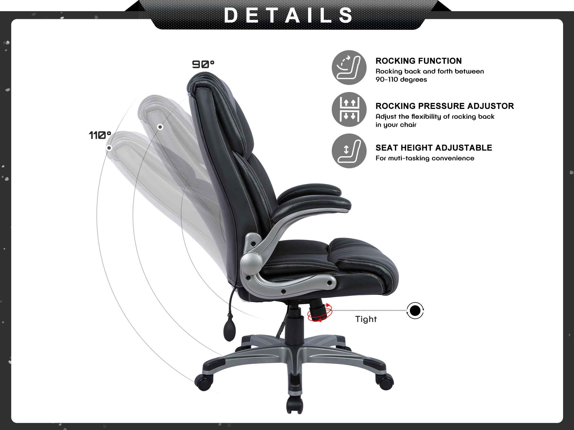 Big & Tall Bonded Leather Office Chair Comfortable Ergonomic Executive Computer Desk Chair Adjustable Tilt Angle , Thick Padding Lumbar Support