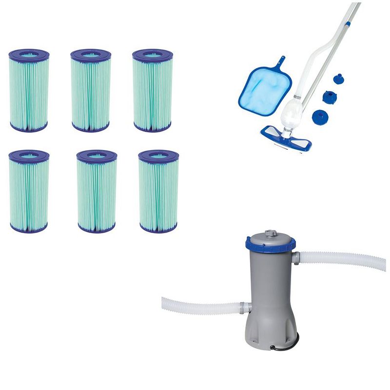 Bestway Pool Cleaning Kit w/ Filter Cartridge (6) w/ Above Ground Swimming Pump