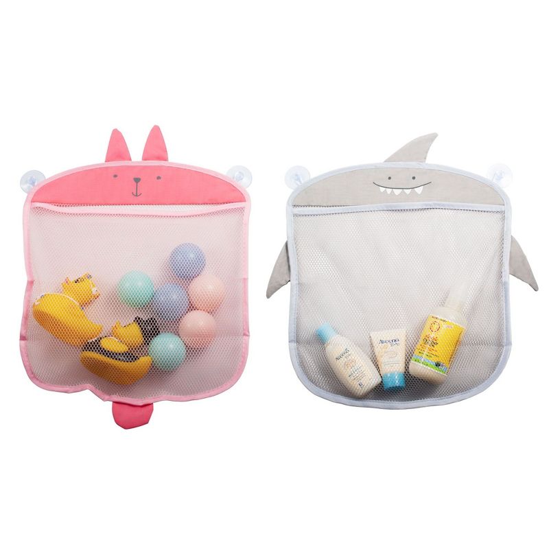 Bath Toy Organizer Set for Kids - Rabbit and Shark Storage Bags for Bathtub Toy Holder, Bathroom or Shower Caddy, Pink & Gray