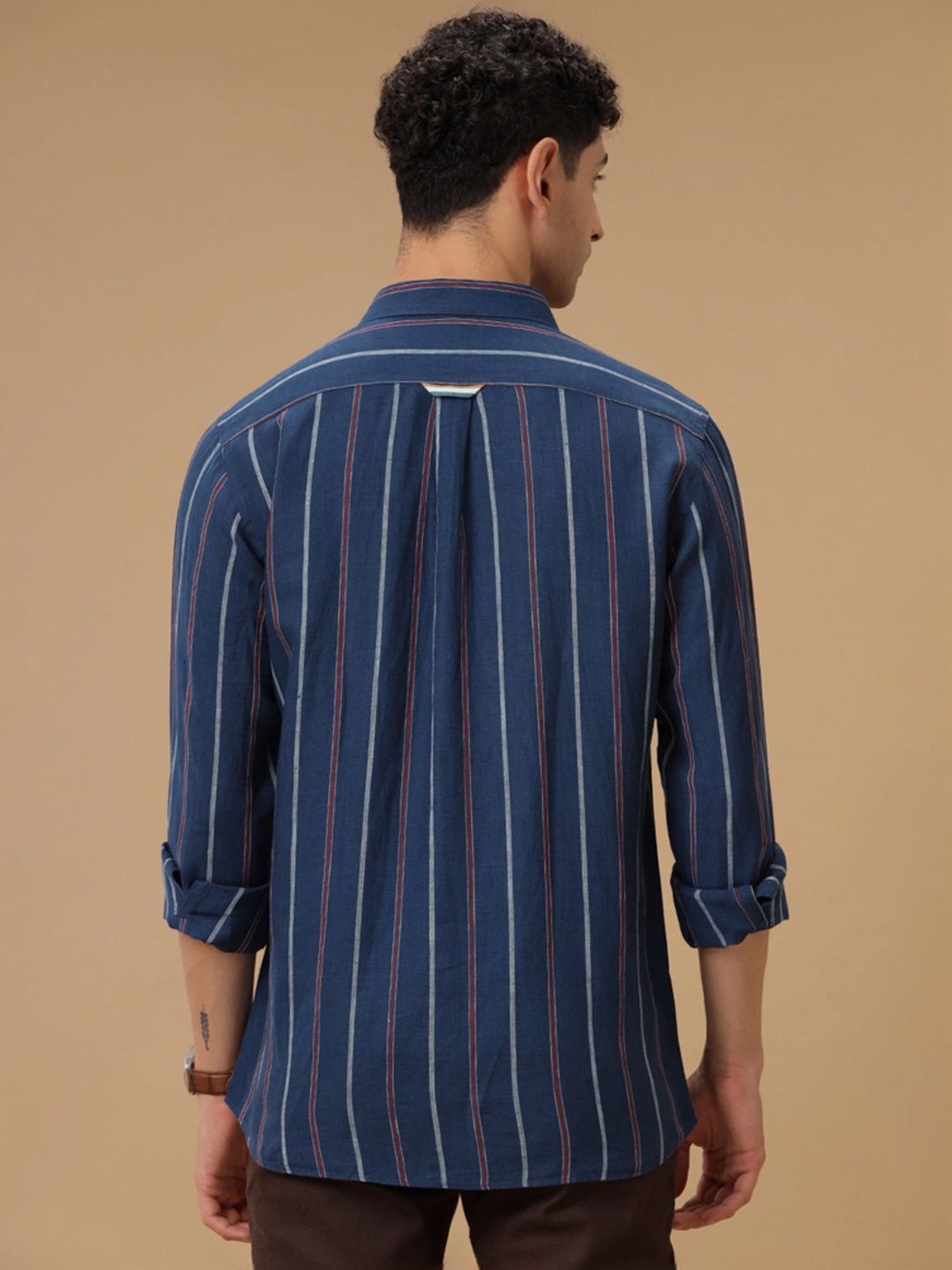 Linen Club Navy Linen Contemporary Fit Striped Shirt