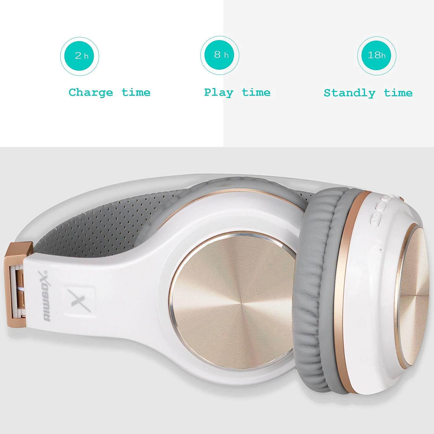 Bluetooth Headphones, Riwbox XBT-80 Foldable Stereo Wireless Bluetooth Headphones Over Ear with Microphone and Volume Control, Wireless and Wired Headset for PC/ Cell Phones/ TV/ Ipad (White Gold)