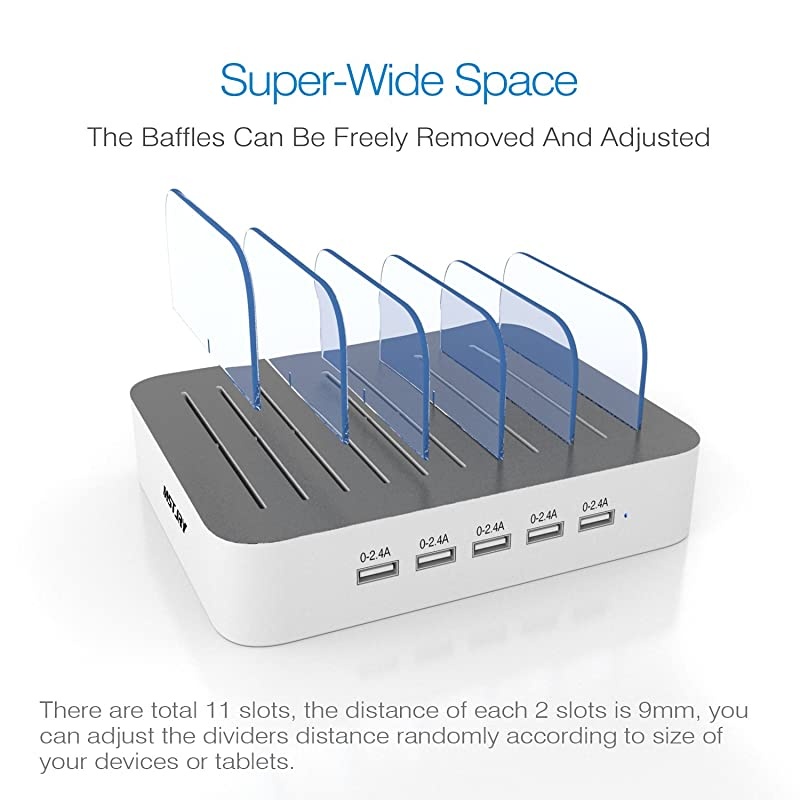 Charging Station for Multiple Devices,  5 Port Multi USB Charger Station with Power Switch Compatible with iPhone, iPad, Cell Phone, Tablets (White, 5 Mixed Short Cables Included)